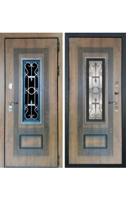 Входная уличная дверь с терморазрывом Лекс Термо Русь с окном и ковкой (Голден патина)